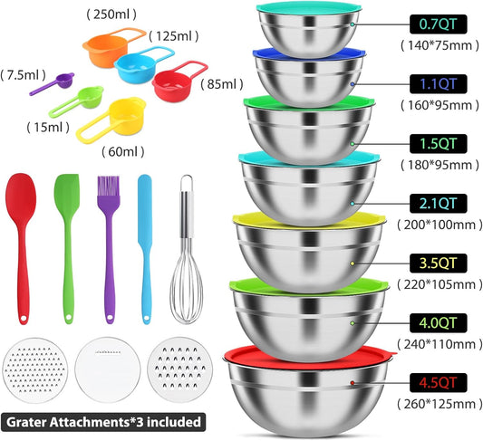 Stainless Steel Mixing Bowls Set with Lids & 3 Grater Attachments, Colorful