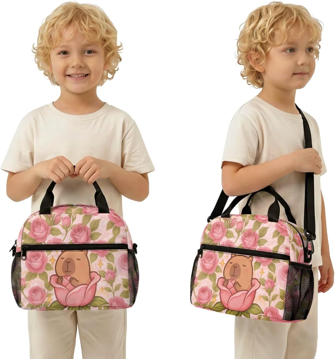 Cute Capybara Pizza Backpack for Girls, 5 Pcs Boys School Bag Set for Kids, 17 Inch Backpacks Lunch Pencil Box Reusable Utensils Case Set for Middle Elementary School, 3rd Grade Backpack