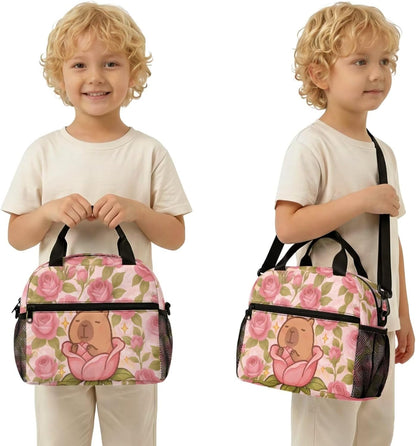 Cute Capybara Pizza Backpack for Girls, 5 Pcs Boys School Bag Set for Kids, 17 Inch Backpacks Lunch Pencil Box Reusable Utensils Case Set for Middle Elementary School, 3rd Grade Backpack