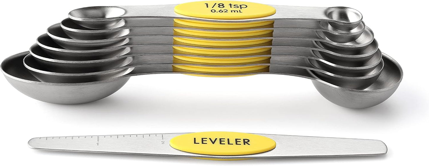 Spring Chef Stainless Steel Magnetic Measuring Spoons Set with Strong N45 Magnets, Heavy Duty Metal Kitchen Gadgets for Baking & Cooking, Fits in Most Kitchen Spice Jars, Set of 8 with Leveler, Black
