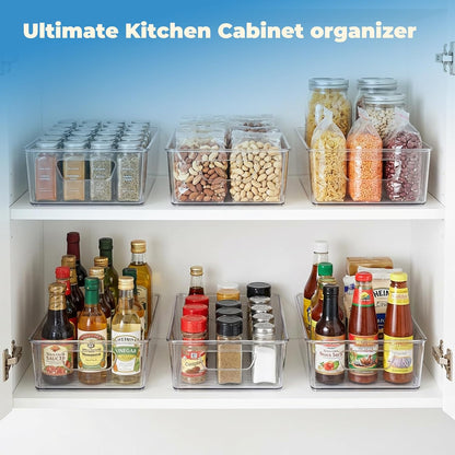 6 Pack Pantry Organizers and Storage, Clear Plastic with 3 Removable Dividers, for Tea Bag, Snack, Seasoning Organizer – BPA Free Perfect in Pantry and Fridge