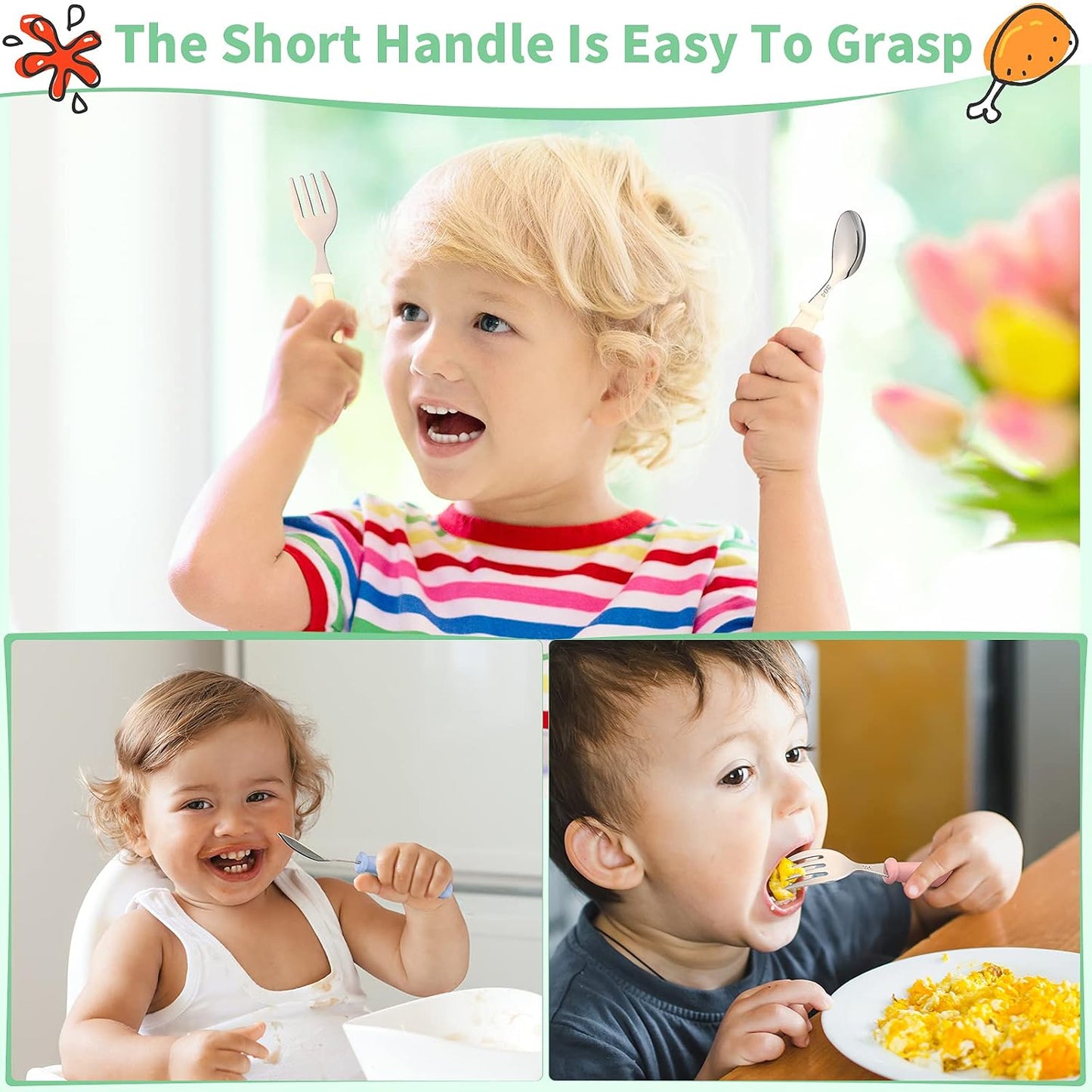 Patelai 9 Pcs Toddler Utensils with Case Stainless Steel Fork and Spoon Set Safe Baby Silverware Children Flatware Kids Cutlery with Round Handle for Lunchbox, Dishwasher Safe(Blue, Green, Pink)
