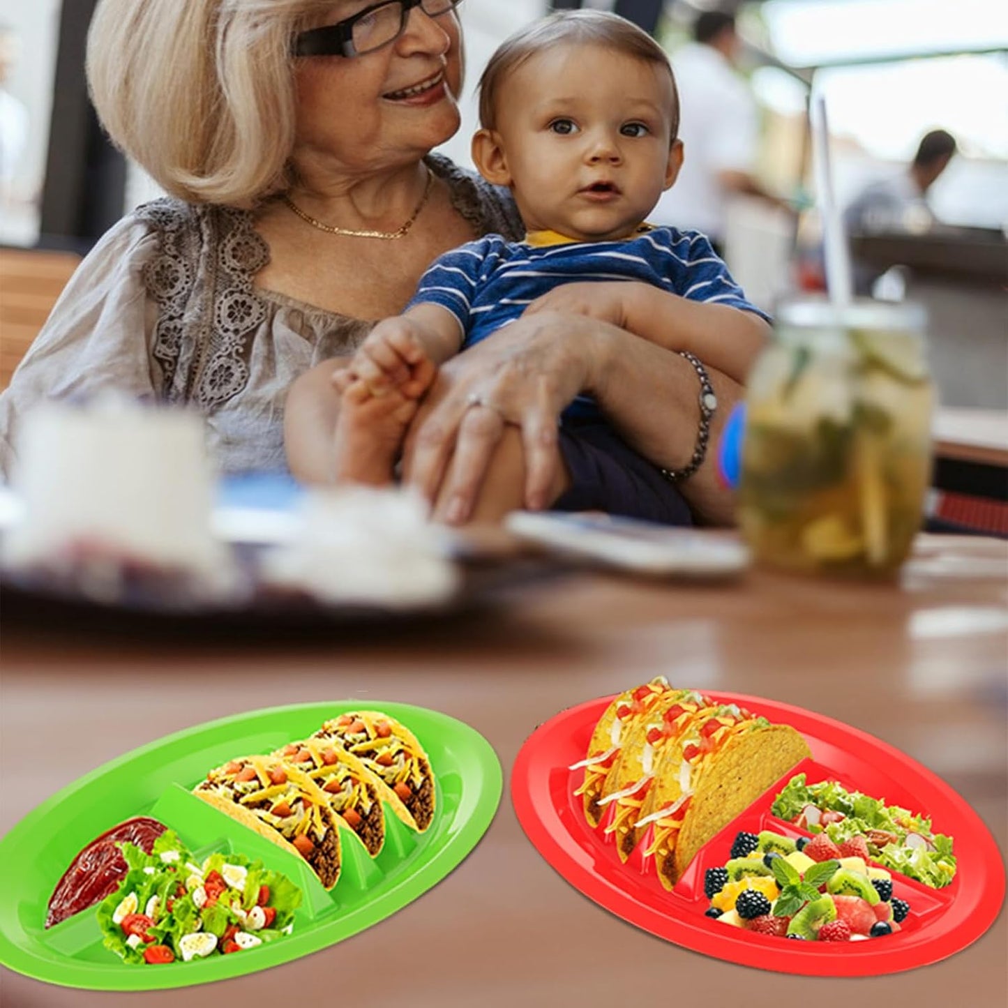 Acrux7 12 Pack Plastic Taco Plates with Dividers, Large Taco Holder Plates, Colorful Taco Trays Microwave & Dishwasher Safe, Hold 3 Tacos, 2 Dipping Areas, Taco Plate for Taco Tuesday Taco Night Party