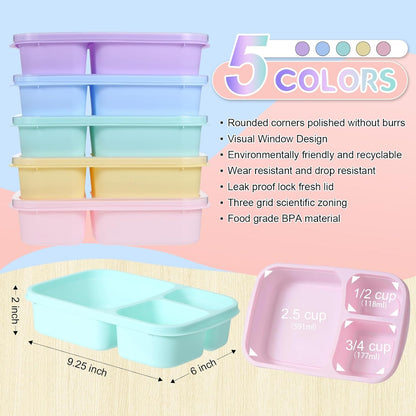 Honeydak 5 Pack Snack Containers 3 Compartment Bento Snack Boxes Divided Meal Prep Containers with Lids Reusable Adults Lunch Food Storage Box for School Work Travel(Elderberry)