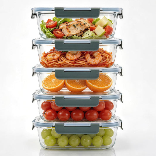 5Pack 22oz Glass Storage Containers with Lids, Glass Meal Prep Containers Set, Airtight Snap Lids, BPA Free, Microwave Oven Freezer Dishwasher Safe, Grey