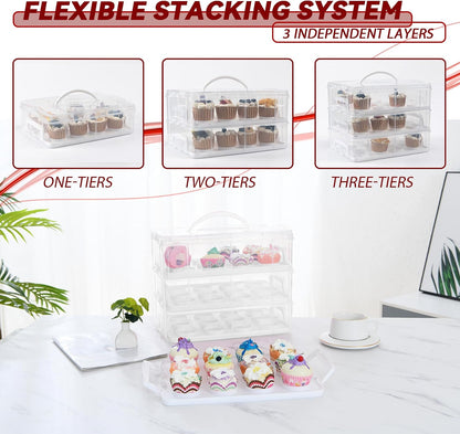 Cupcake Carrier, 3-Tiers Cupcake Containers, Holds 36 Cupcakes or 3 Large Cakes, Cupcake Holder, Cupcake Box with Lid and Handle (White, Basic)