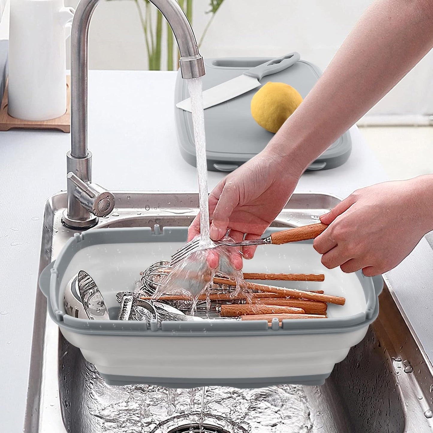 9-in-1Collapsible Cutting Board with Colander Wash Basket Camping RV Gift