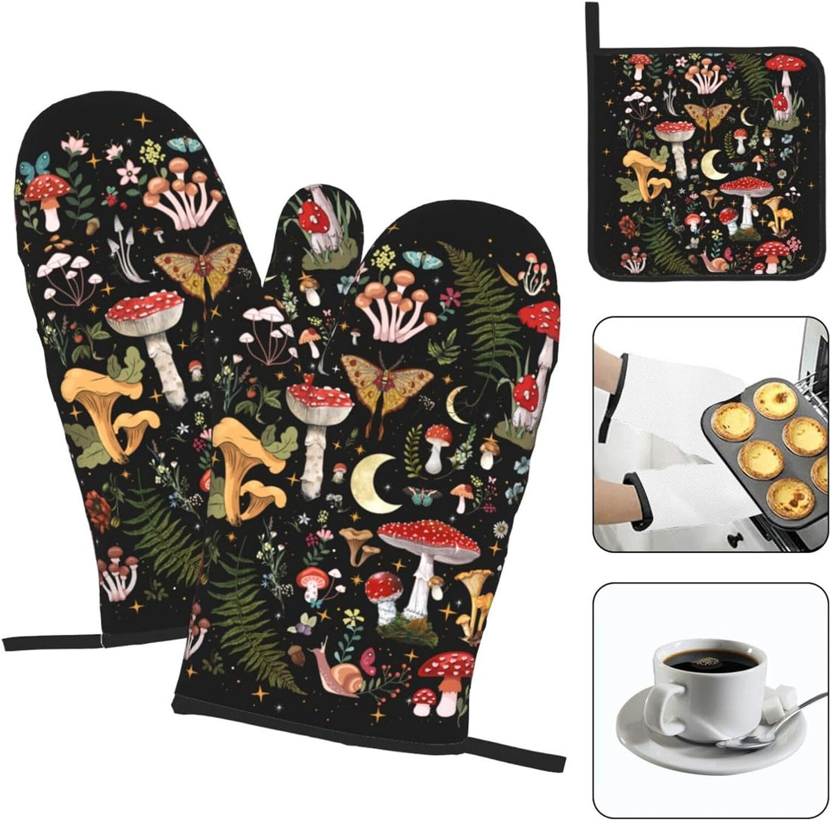 Boho Floral Oven Mitts and Pot Holders Sets of 3, Cute Baker Stuff