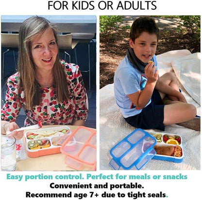 Bento Lunch Box Kids & Adults, Lunch and Snack Containers for Boys & Girls with 3 Compartments - School, Work Daycare, Meal Planning Portion Control Container, BPA-Free Boxes, Utensils, Blue 1 pack