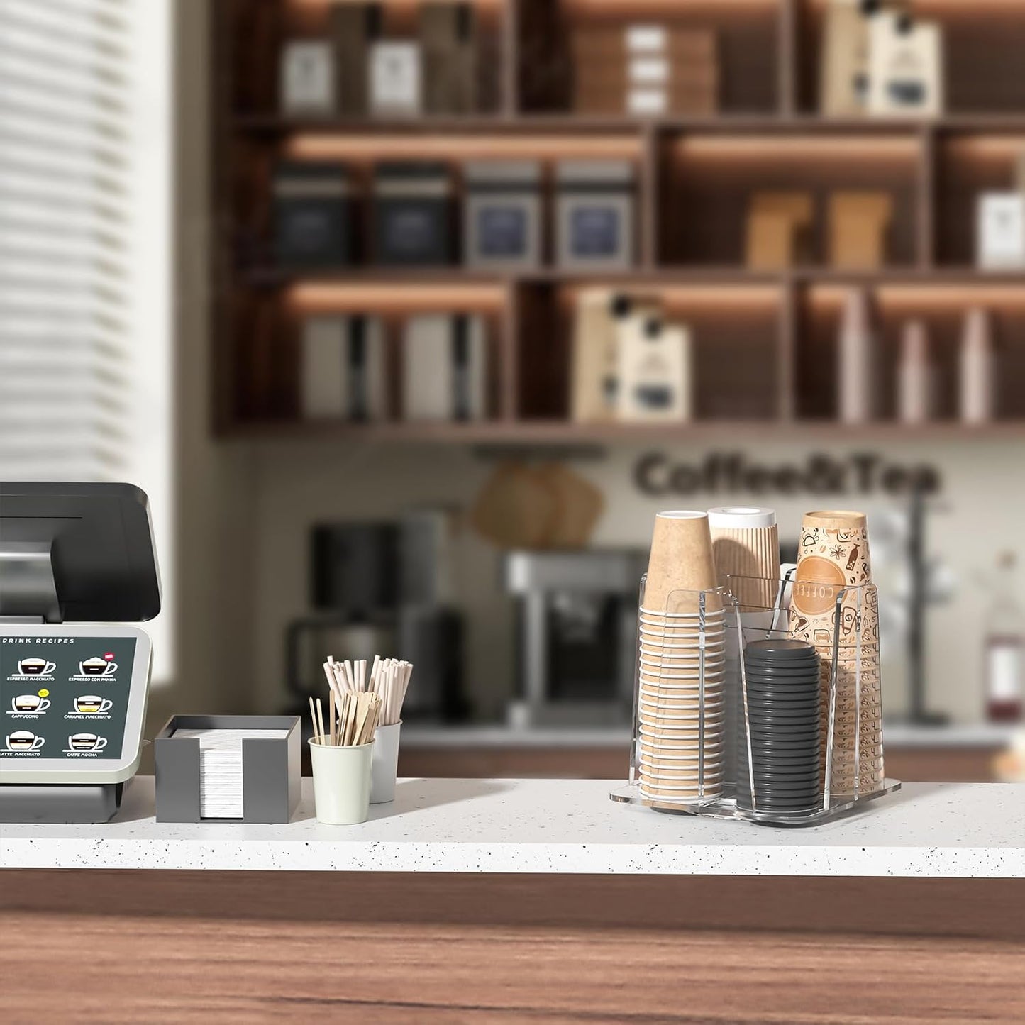 WINFFOR Coffee Cup Holder for Countertop - 4 Compartments Clear Rotating Disposable Cup Organizer Plastic Cup Storage Lid Carousel Coffee Bar Accesories for Restaurant Breakroom Kitchen Cabinet