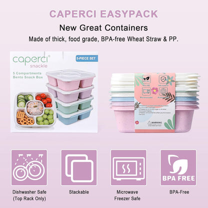 Caperci 5-Pack Lunchable Container Set for Kids & Adults - Reusable Bento Snack Box Containers with 5-Compartment for Food Storage & Meal Prep, Wheat Straw, BPA-Free (Dark & Clear Lids)