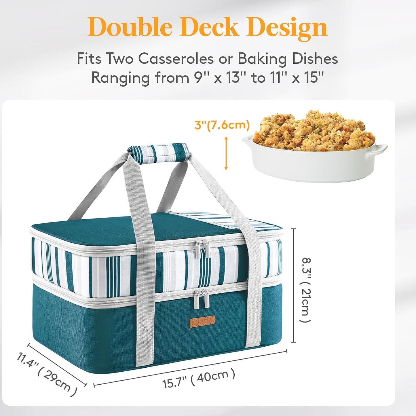 LUNCIA Insulated Single Decker Casserole Carrier, Lasagna Lugger Tote Keeps Food Hot or Cold, Thermal Lunch Bag for Potluck Parties, Picnic and Cookouts, Fits 9" x 13" Baking Dish, Black