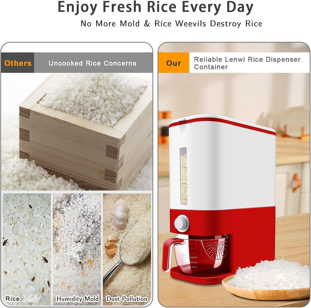 Lenwi 22-25 Lbs Rice Dispenser, Large Cereal Dry Food Storage Containers with Measuring Cup, BPA-Free Household for Kitchen Pantry Organization-Red