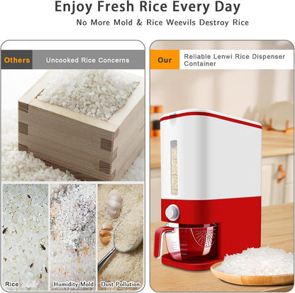 Lenwi 22-25 Lbs Rice Dispenser, Large Cereal Dry Food Storage Containers with Measuring Cup, BPA-Free Household for Kitchen Pantry Organization-Red