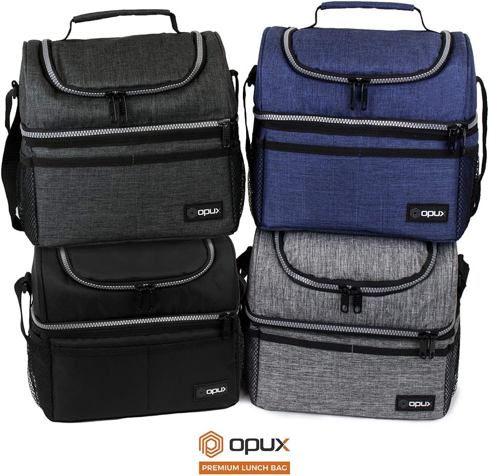 opux Insulated Lunch Bag for Men Women, Double Decker Leakproof Lunch Box Cooler Tote with Shoulder Strap, Large Lunchbox for Work School Travel Meal Prep, Adults Kids Boys Girls, Green, 16 Cans