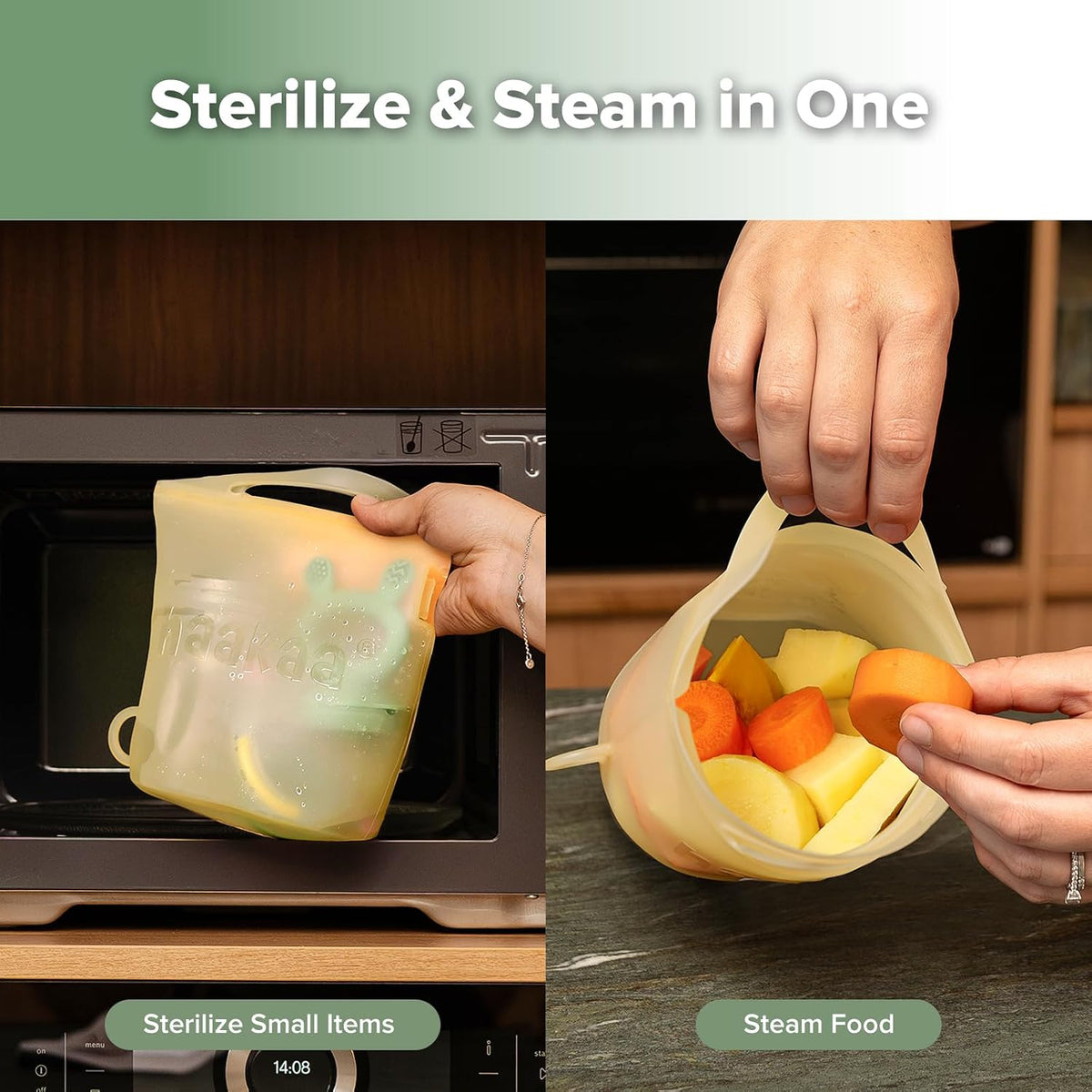 Haakaa Silicone Microwave Steamer & Steriliser Bag, 70oz/2000ml Large Capacity Reusable Steaming Bags for Baby Bottles, Breast Pump, Accessories, Pacifiers,Teethers, Great for Home&On The Go, Grey/1PC