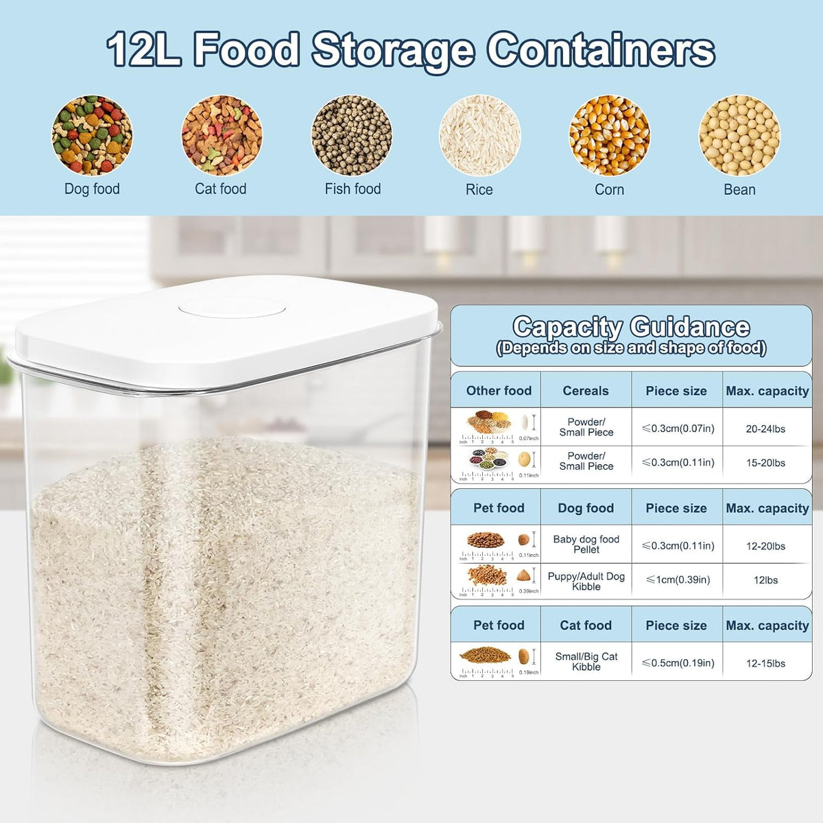 LEAWALK Airtight Rice Storage Container, 3-5Lbs Cereal Dry Food Flour Bin, Pet Dog Cat Food Dispenser with Measuring Cup, BPA Free Plastic Kitchen and Pantry Organization Bin for Sugar-Clear Grey