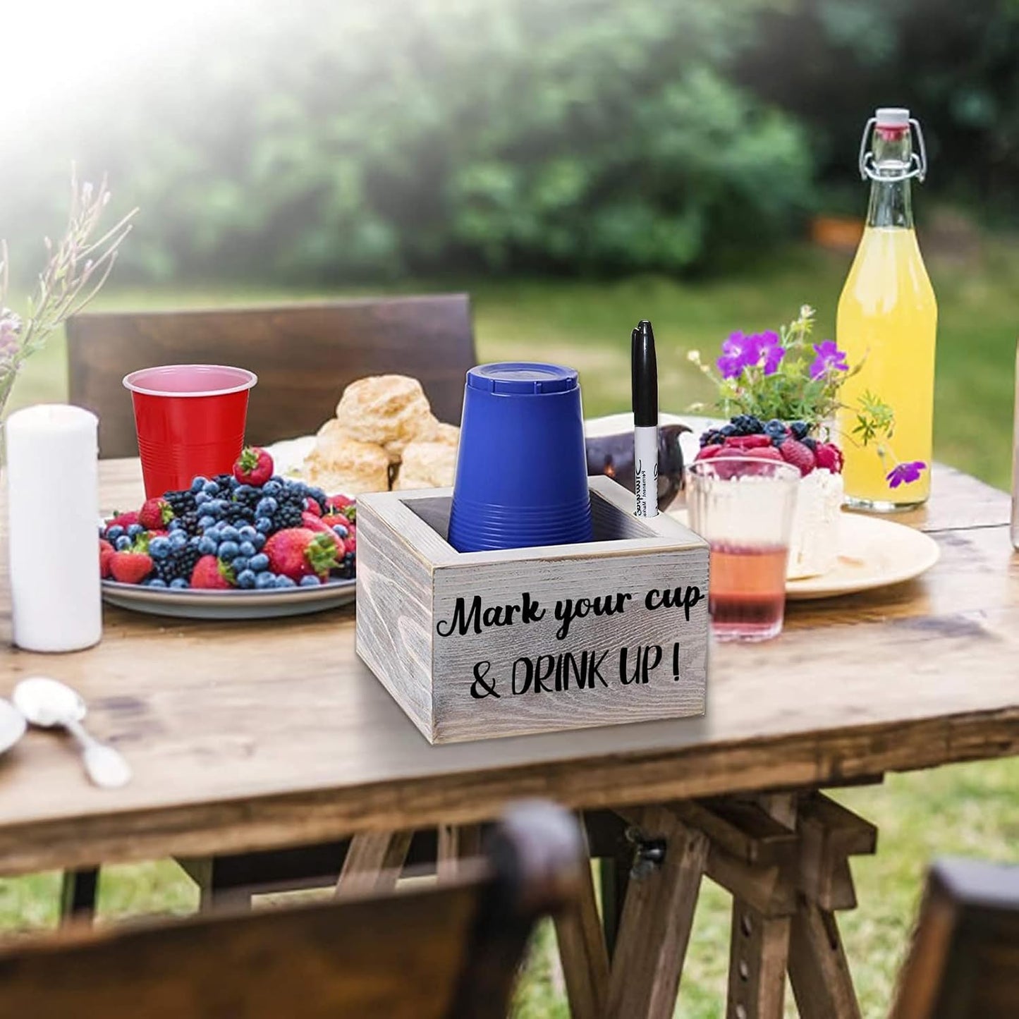 Wooden Cup Holder with Marker Slot, Disposable Plastic Party Cup Organizer for Holiday Gatherings - Hosting Essential to Mark Your Cup & Drink Up, Prevent Mix-Ups, Reduce Waste