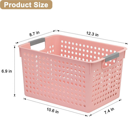 Soddeph 4 Pack Plastic Storage Basket with Handles, Small Deep Organizer Bin with Hollow Design for Under Counter, Shelf, Closet, Kitchen or Bathroom (White, Small)