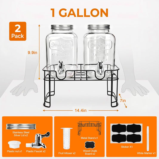 Accguan 1-Gallon Drink Dispenser,Glass Water Dispenser with Tin Lid and Stainless steel faucet,Black Iron Frame,Mason Drink Dispenser for Parties, Picnics, Barbecues and Daily,2 pack