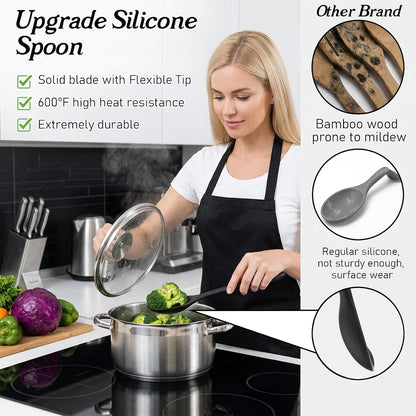 2 Pcs Silicone Cooking Spoons Heat Resistant,Silicone Serving Spoons.2 Size Black Silicon Mixing Spoon – Long Handle Silicon Spoon for Cook,Baking & Non-Stick Kitchen Tools