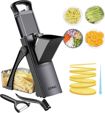 8 in 1 Mandoline Slicer for Kitchen, Vegetable Chopper, Potato Slicer, Fry Cutter Onion Chopper with Drain Basket Food Container with Lid, Stainless Steel Cheese Grater for Quick Meal Pre (Black)