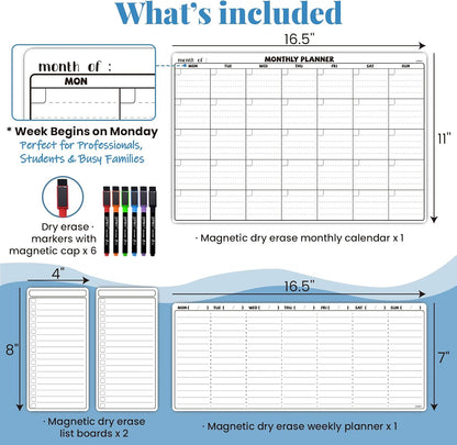 JJPRO Magnetic Dry Erase Calendar for Refrigerator-Reusable Monthly Calendar Starts Monday,Weekly Planner&to Do List for Fridge-Magnetic Monthly,Weekly Planner&List 2pcs-16.5x11"