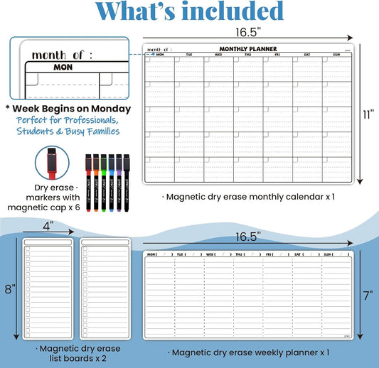 JJPRO Magnetic Dry Erase Calendar for Refrigerator-Reusable Monthly Calendar Starts Monday,Weekly Planner&to Do List for Fridge-Magnetic Monthly,Weekly Planner&List 2pcs-16.5x11"