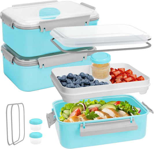 3 Pack Salad Lunch Box Food Storage Containers, 47oz Bento Box To Go Container with Lids, Reusable Meal Prep Containers with Removable Tray & Dressing Pots for Kids and Adults, Microwave Safe