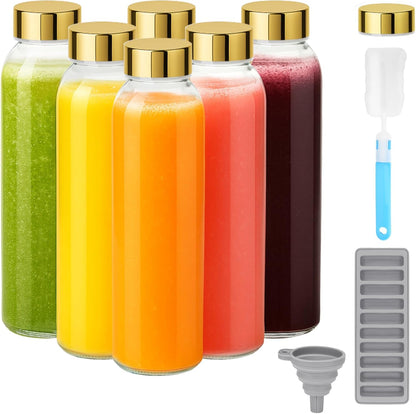 Zukro Glass Juice Bottles with Lids for Juicing 18 oz, Reusable Clear Glass Water Bottles with Stainless Steel Airtight Cap for Refrigerator, 100% Leak Proof Drinking Jar, BPA Free, Set of 6
