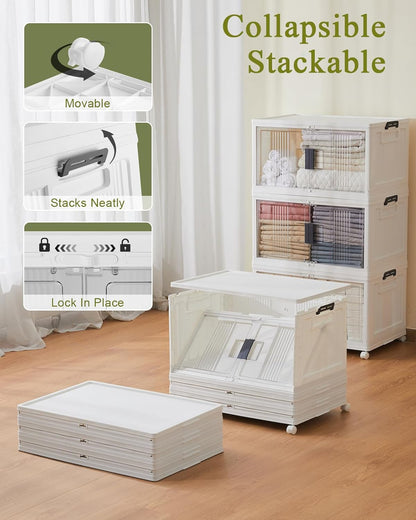 OlarHike 76QT Lockable Storage Bins with Lids - Folding Storage Box with Doors & Wheels, Collapsible Drawers for Home, Dorm, Closets, Office, School, College, Stackable Containers, 4 Pack Cubes