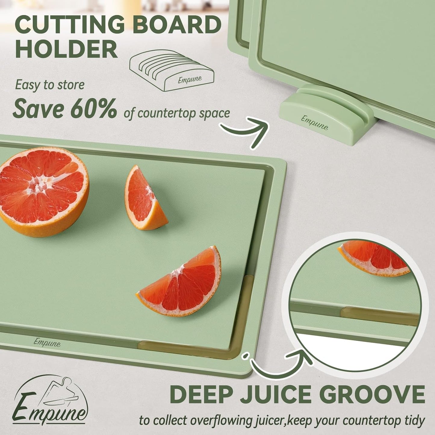 Empune Plastic Cutting Board Set, Recycled Plastic Cutting Boards for Kitchen (Set of 3), Dishwasher Safe Large Chopping Board with Holder, Non-slip Feet and Juice Grooves, Nonporous, Grey