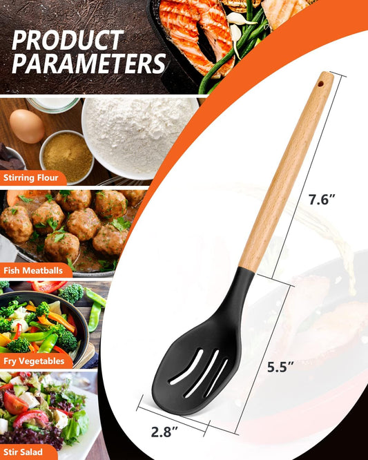 Large Silicone Cooking Spoons, 2 Pack Nonstick Solid and Slotted Wooden handle Spoon Set, Heat Resistan Silicone Kitchen Spoons for Cooking, Serving, Basting, Mixing (Khaki)