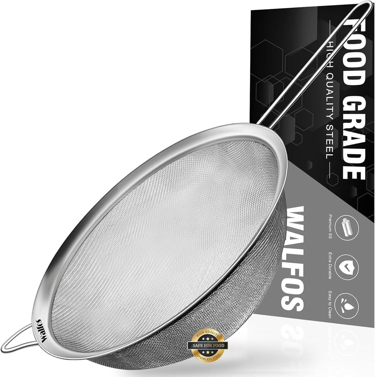 Walfos 6.3 Inch Fine Mesh Strainer, Premium Stainless Steel Sieve and Sifter with Handle, Kitchen Metal Strainers for Rice, Quinoa, Fruits, Noodles, Flour