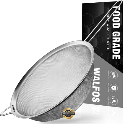 Walfos 6.3 Inch Fine Mesh Strainer, Premium Stainless Steel Sieve and Sifter with Handle, Kitchen Metal Strainers for Rice, Quinoa, Fruits, Noodles, Flour