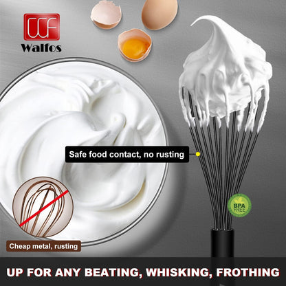 Walfos Silicone Whisk,Stainless Steel Wire Whisk -Heat Resistant 480°F Kitchen Whisks for Non-stick Cookware,Balloon Egg Beater Perfect for Blending,Whisking,Beating,Frothing & Stirring,Black