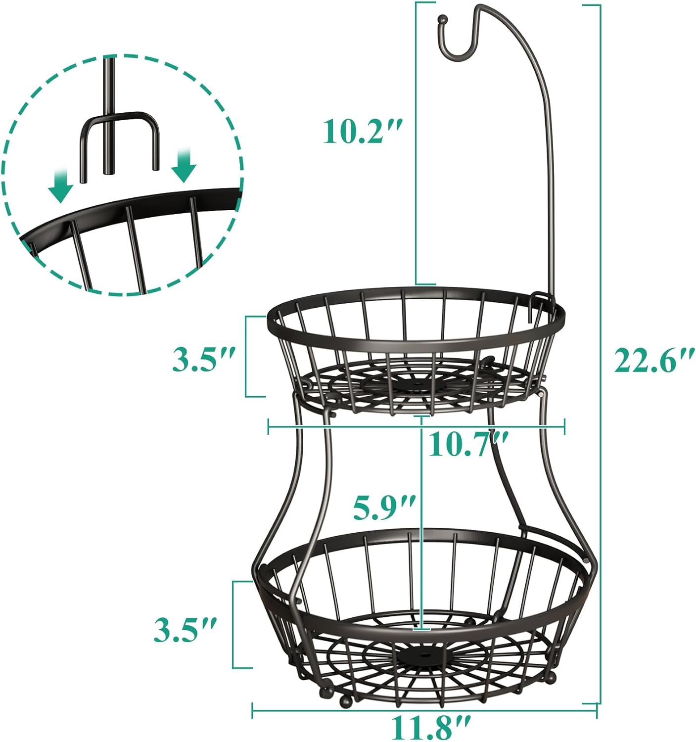 SAYZH 2-Tier Fruit Basket Bowl Stackable Vegetable Storage with Banana Tree Hanger Stand for Kitchen Countertop, Metal Wire Basket for Bread Onions Potatoes Black