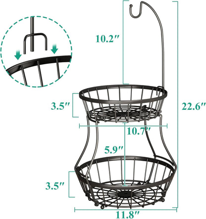 SAYZH 2-Tier Fruit Basket Bowl Stackable Vegetable Storage with Banana Tree Hanger Stand for Kitchen Countertop, Metal Wire Basket for Bread Onions Potatoes Black