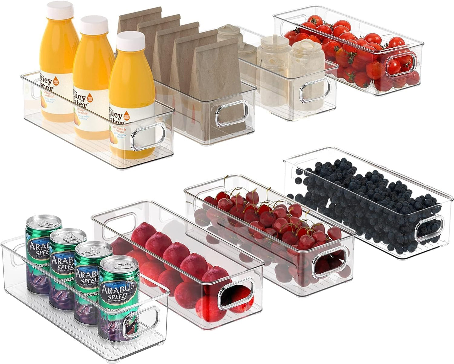 Set of 8 Refrigerator Pantry Organizer Bins - Stackable Fridge Organizers with Handles for Pantry, Freezer, Kitchen, Countertops, Cabinets - Clear Plastic Food Storage Bins