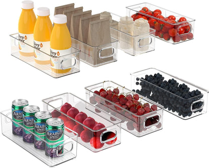 Set of 8 Refrigerator Pantry Organizer Bins - Stackable Fridge Organizers with Handles for Pantry, Freezer, Kitchen, Countertops, Cabinets - Clear Plastic Food Storage Bins