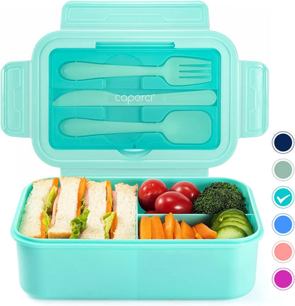 Caperci Classic Bento Box Adult Lunch Box for Older Kids - Leakpoof 47 oz 3-Compartment Lunch Containers for Adults and Teens, Built-in Utensil Set, Ideal for On-the-Go Balanced Eating,Khaki Green