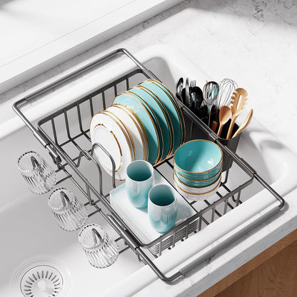 Sakugi Dish Drying Rack in Sink - Expandable Stainless Steel Dish Rack Over the Sink, Kitchen Sink Drain Strainer with Cutlery Holder & Cup Holders, 15.4 x 9.8 x 3.0 Inch, Black
