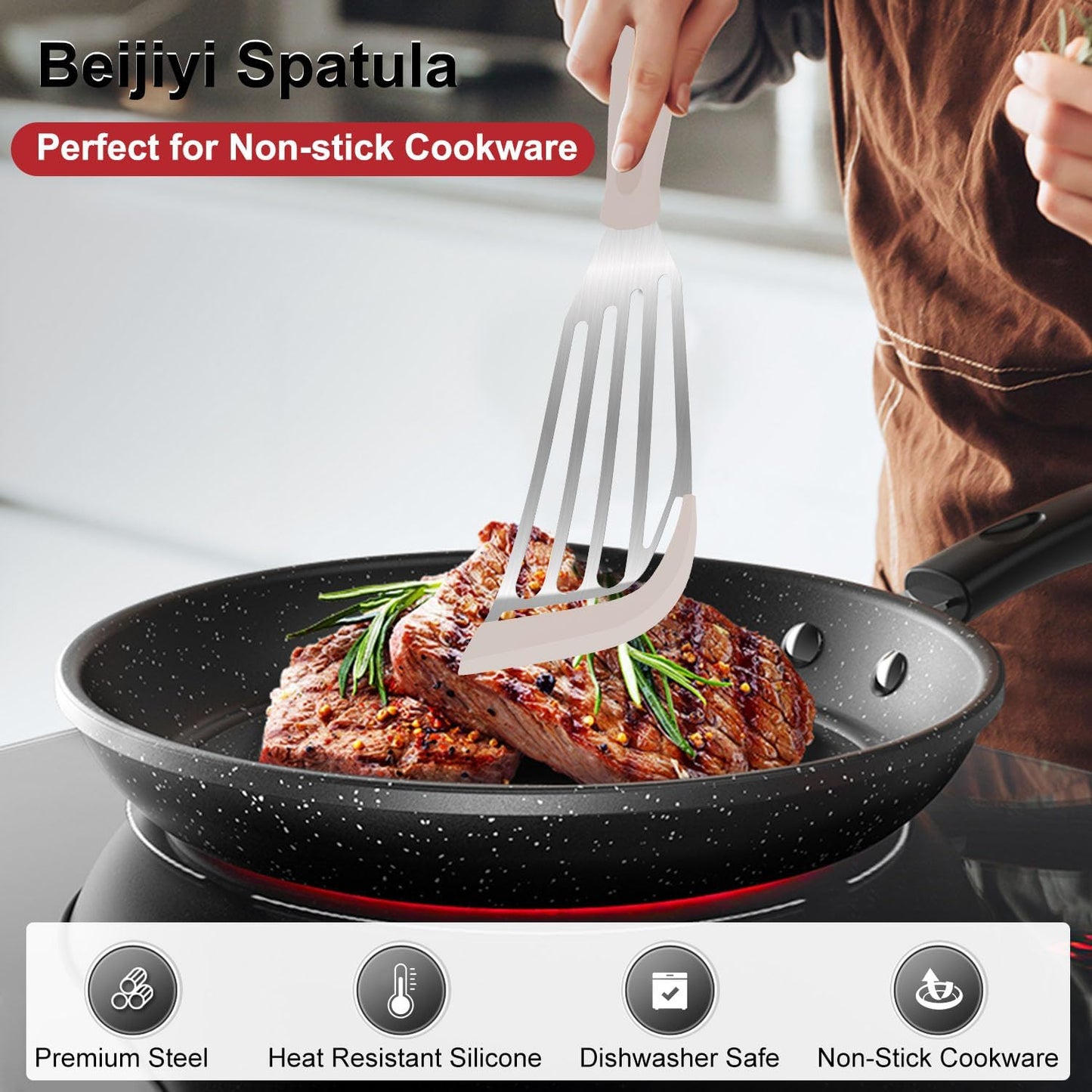 Beijiyi 2-Piece Silicone Fish Spatula for Nonstick Cookware, Heat Resistant | BPA Free, Flexible & Thin Edge, Scratch-Free, Slotted Turner, Kitchen Use, Cooking Flipper for Egg, Pancake, Dishwasher Safe