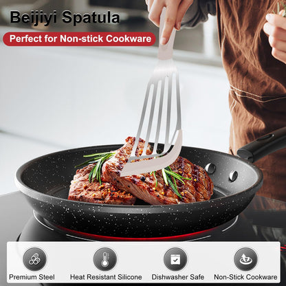 Beijiyi 2-Piece Silicone Fish Spatula for Nonstick Cookware, Heat Resistant | BPA Free, Flexible & Thin Edge, Scratch-Free, Slotted Turner, Kitchen Use, Cooking Flipper for Egg, Pancake, Dishwasher Safe
