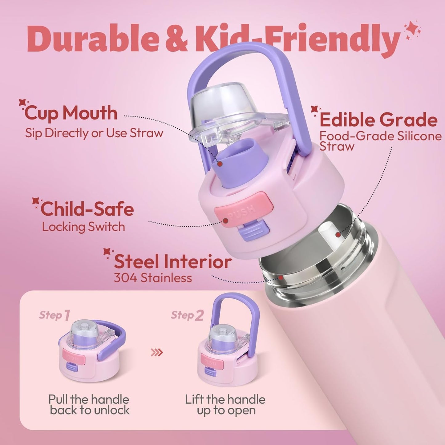 Itslife Bento Box for Kids Set, Insulated Food Container,Kids Lunch Box, 7 oz Thermos for Hot Food, 12 oz Thermos Water Bottle, Reusable Insulated Ice Bag & Fork Spoon Utensils Camping Travel Pink