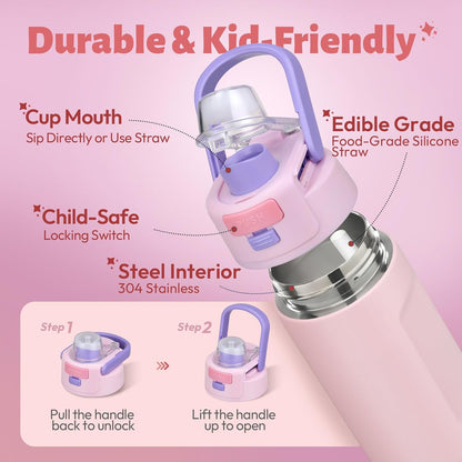Itslife Bento Box for Kids Set, Insulated Food Container,Kids Lunch Box, 7 oz Thermos for Hot Food, 12 oz Thermos Water Bottle, Reusable Insulated Ice Bag & Fork Spoon Utensils Camping Travel Pink