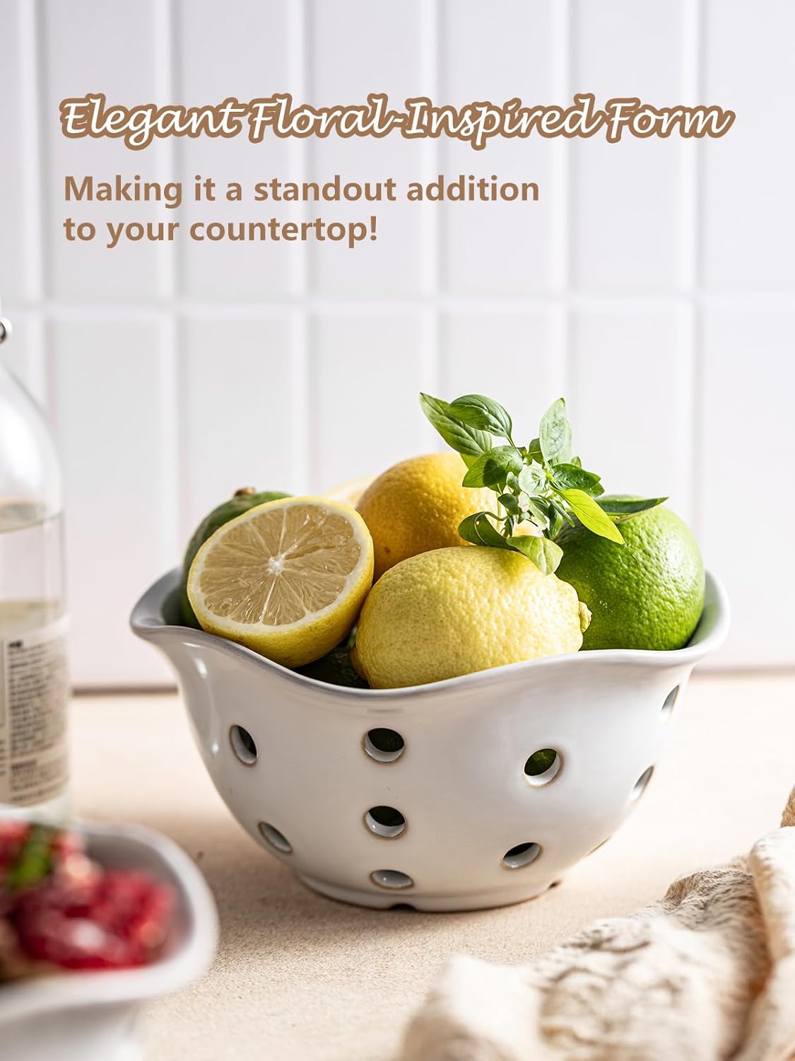 Gomakren Berry Bowls with Holes Ceramic, Berry Washing Bowl Basket Set of 2, 5.8 Inch Round Fruit Bowl Storage Containers, Strawberry Baskets, Farmhouse Kitchen Decor, Yellow + Brown