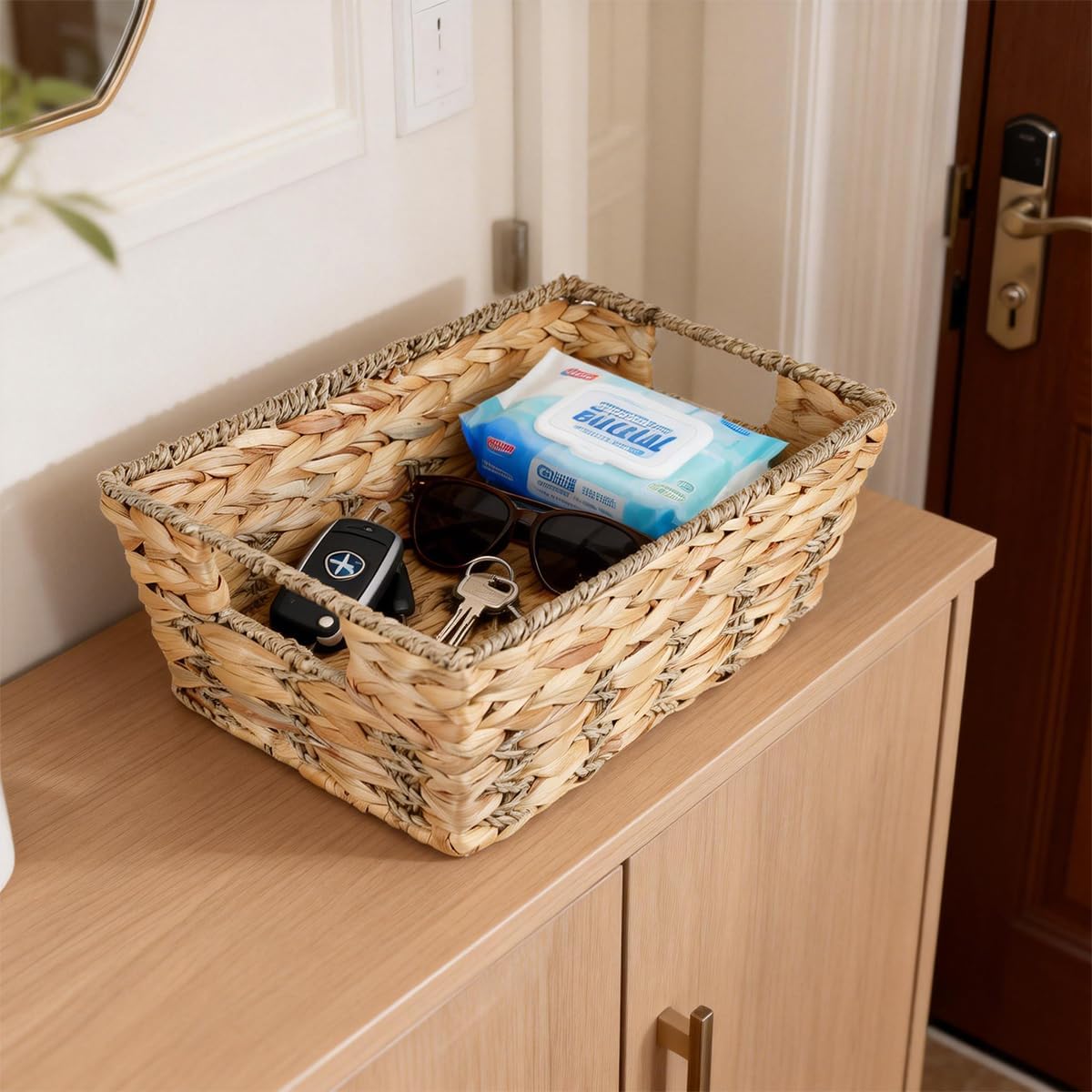 Water Hyacinth storage basket with Handle Shelf Organizing Storage Baskets Hand-woven Rattan Baskets Pantry Bin Organizers for Shelves, Living Room,Decor(Middle)