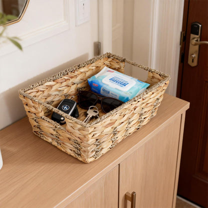 Water Hyacinth storage basket with Handle Shelf Organizing Storage Baskets Hand-woven Rattan Baskets Pantry Bin Organizers for Shelves, Living Room,Decor(Middle)