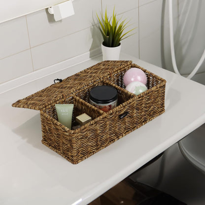 Water Hyacinth Storage Basket with Lid, Rectangular Tank Woven Wicker Baskets with Sections, Decorative Box for Snack Toys Bathroom (Water Hyacinth)